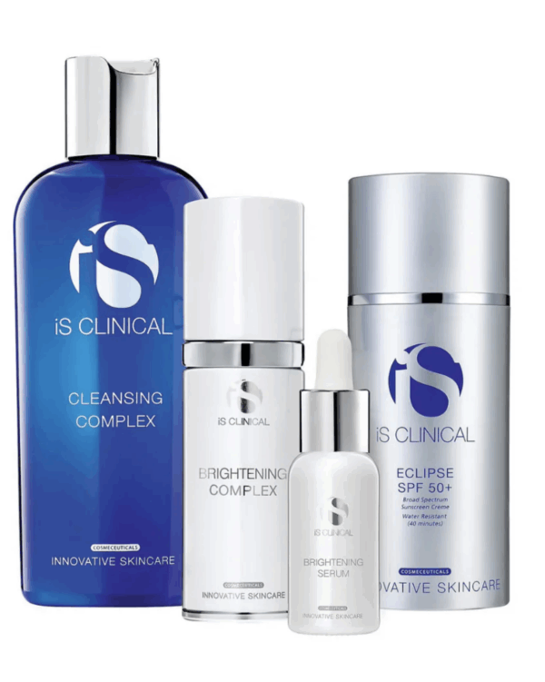 Four upright products from the iS Clinical Pure Radiance Collection—Cleansing Complex, Brightening Complex, Brightening Serum, and Eclipse SPF 50+—are showcased in blue and white packaging on a white background.